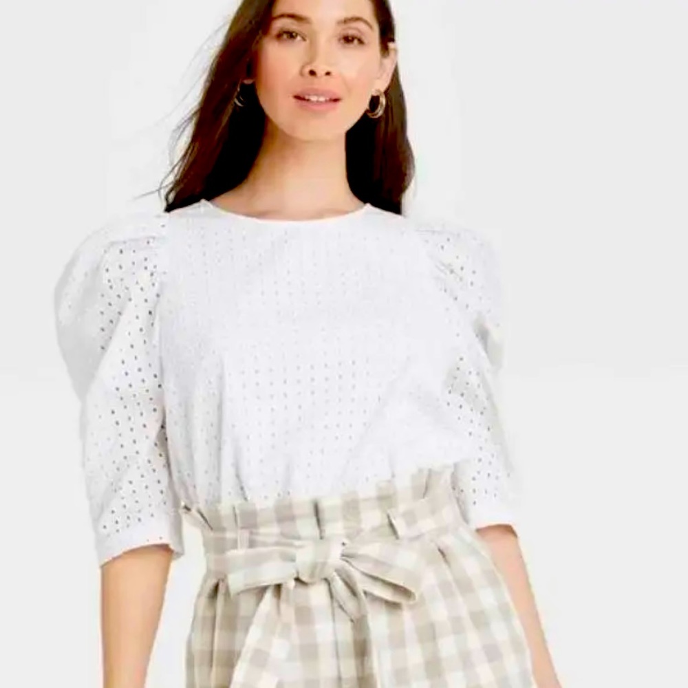 a new day puff sleeve eyelet blouse top shirt size large 100% cotton NWOT boho